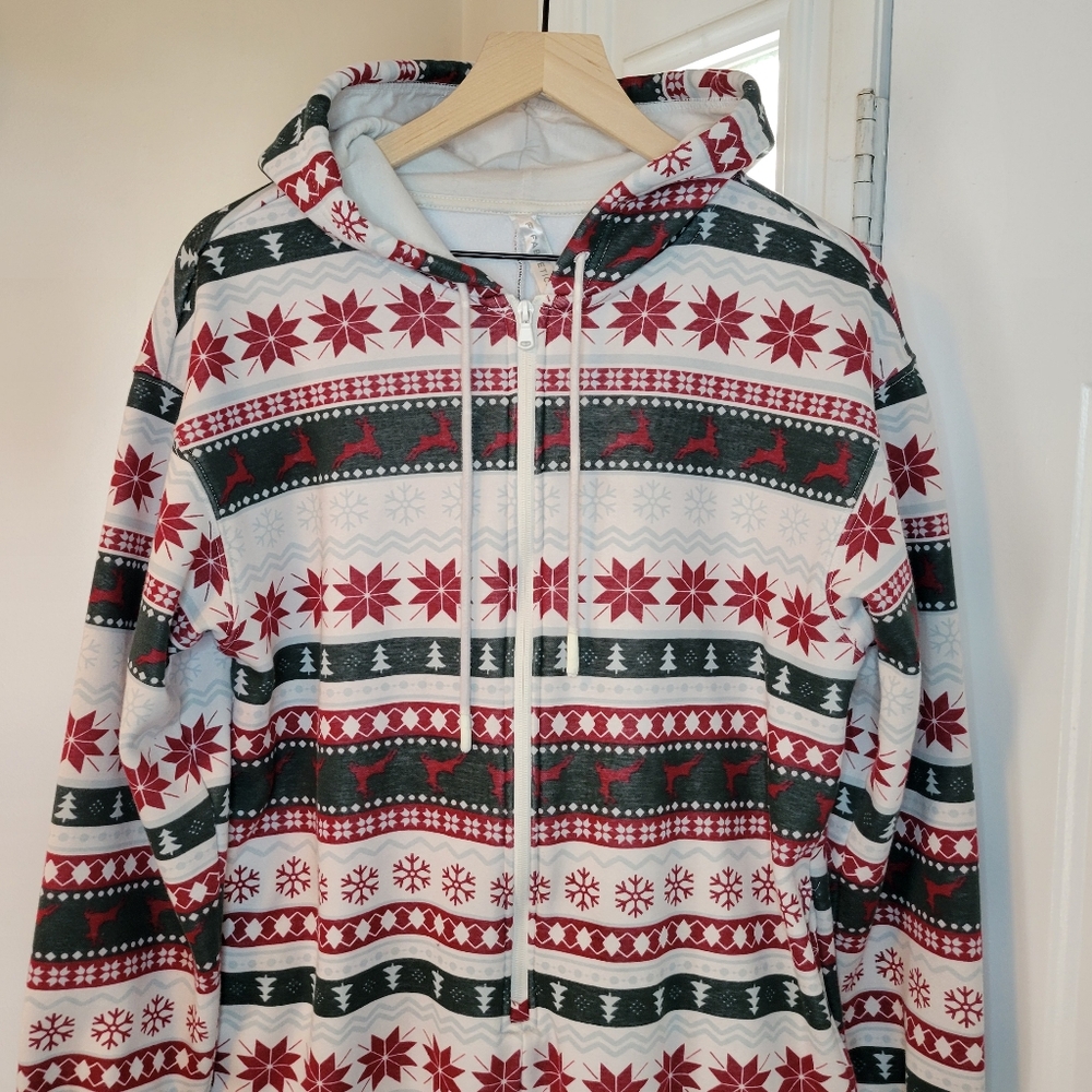 Fabletics Holiday Christmas Seasonal Zip‎ Up One Piece With Hood, Size Medium
